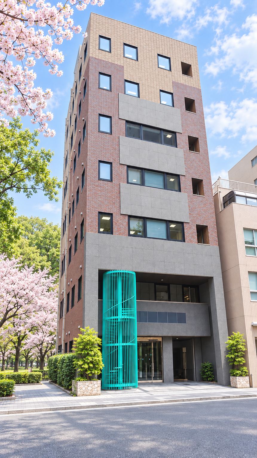 桜の咲く通りから見上げた本社ビル